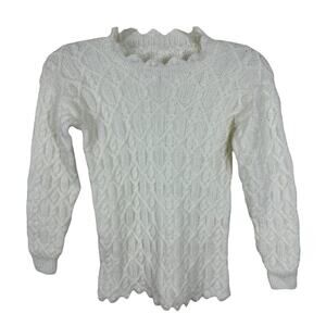 60s Vintage White Knit Mock Neck Cottage Long Sleeve Sweater XS